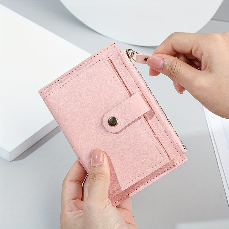 Women's Bifold Wallet with Zipper Snap Button in Pink Blue Black Light Brown PU Material