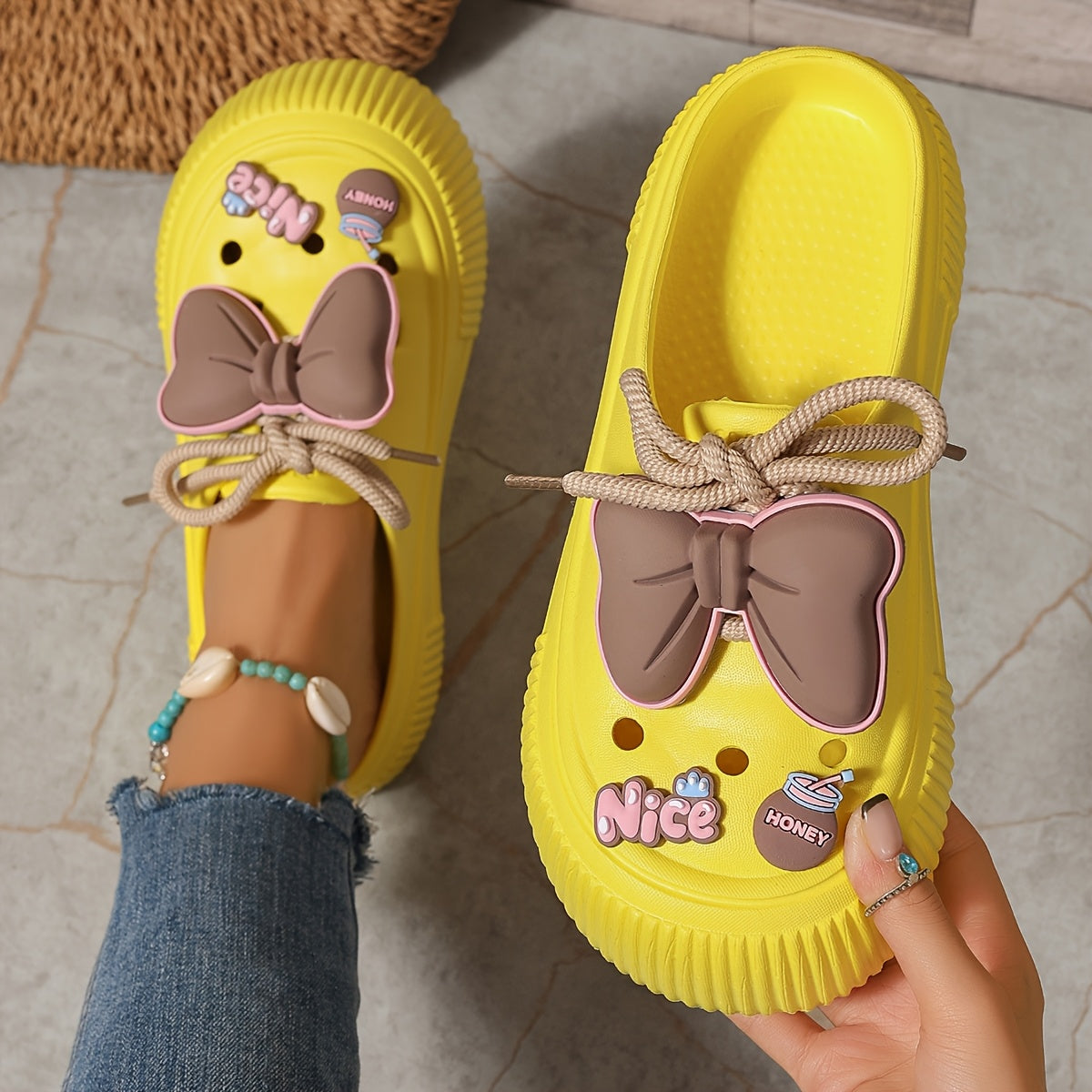 Women's Slide Sandals with Bow, Wooden Soles, Adjustable Strap for Summer