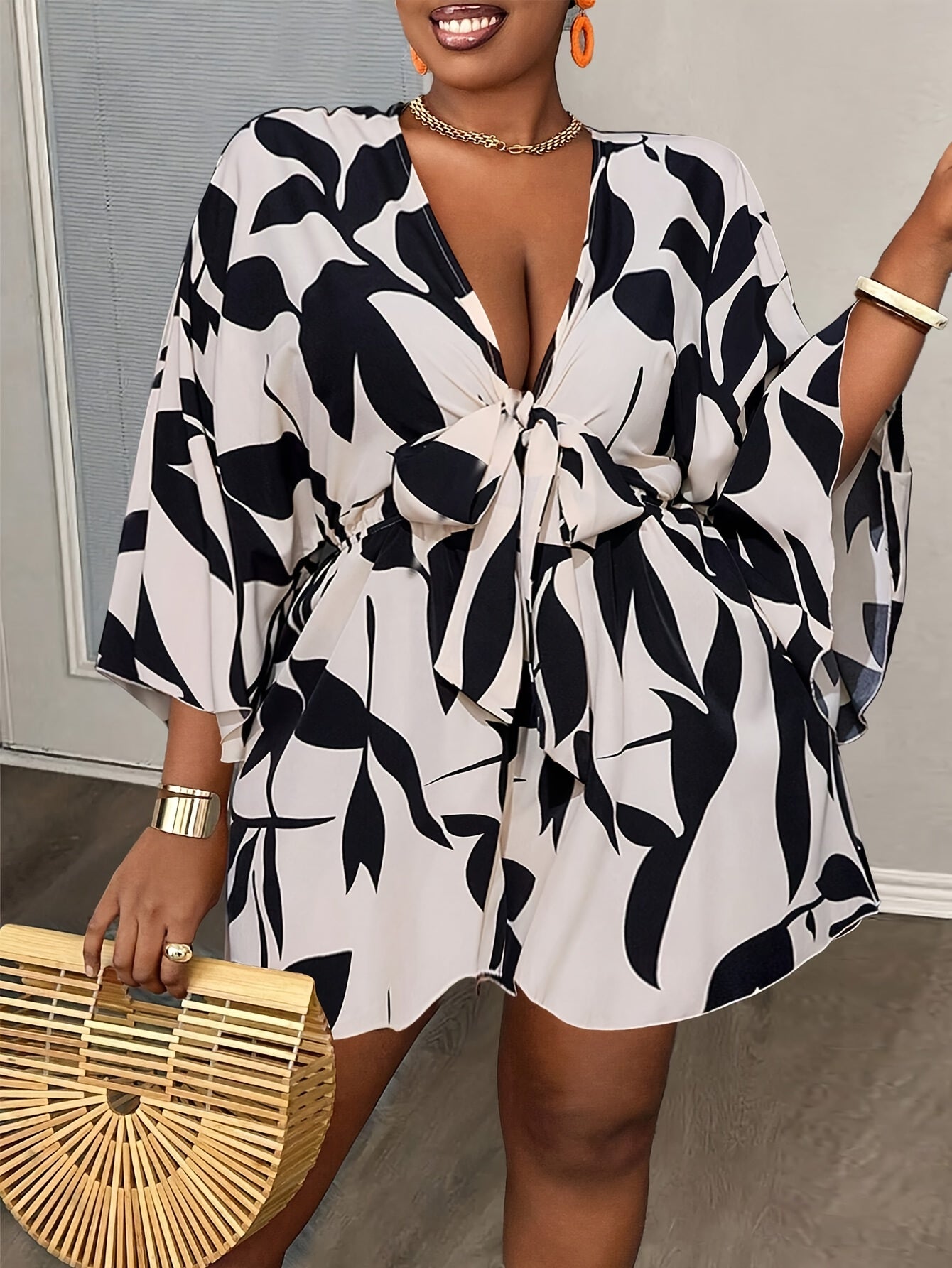 Plus Size Women's Jumpsuit V-Neck Tie-Front Floral Print Casual Summer