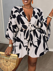 Plus Size Women's Jumpsuit V-Neck Tie-Front Floral Print Casual Summer