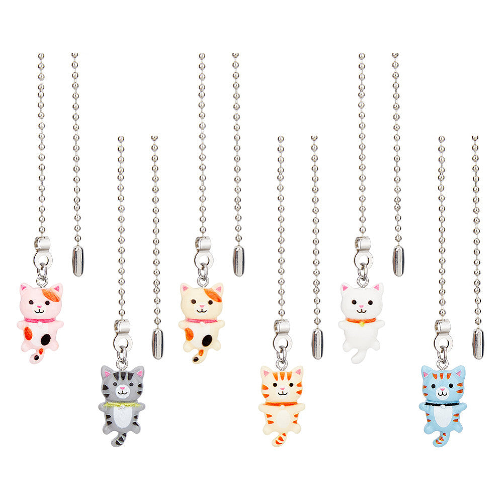 6pc Cat-Shaped Resin Ceiling Fan Pull Chain Extenders with Stainless Steel Ball Chains in Mixed Colors 35cm