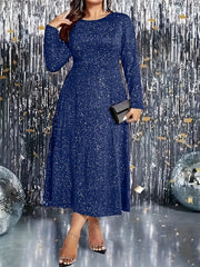 Платье большого размера с длинным рукавом и блестками с рюшей на подоле для вечера и свидания