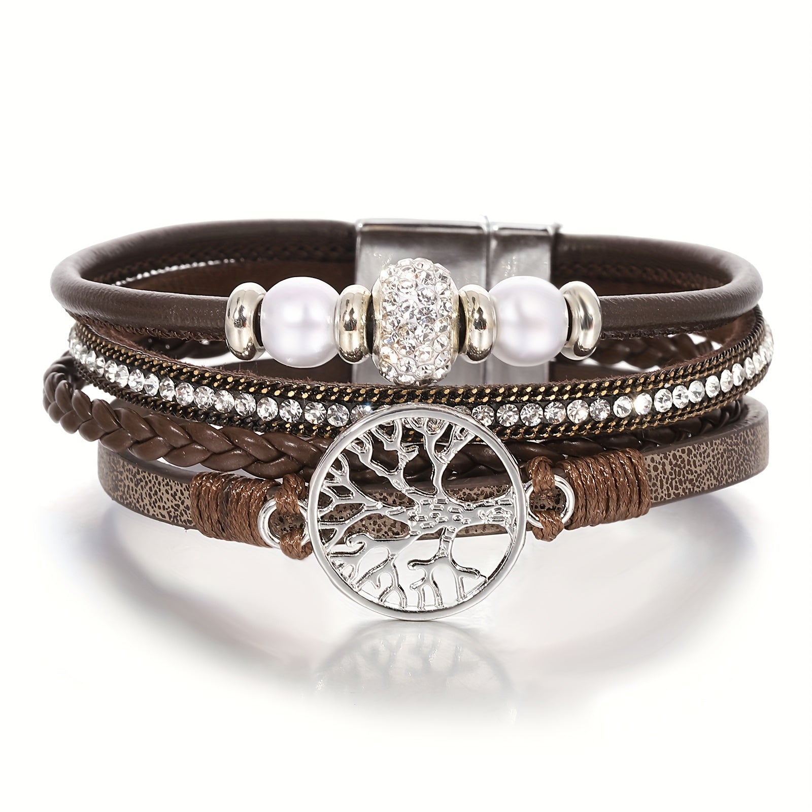 Multi-Layer Faux Leather Wristband with Tree of Life Charm and Rhinestones