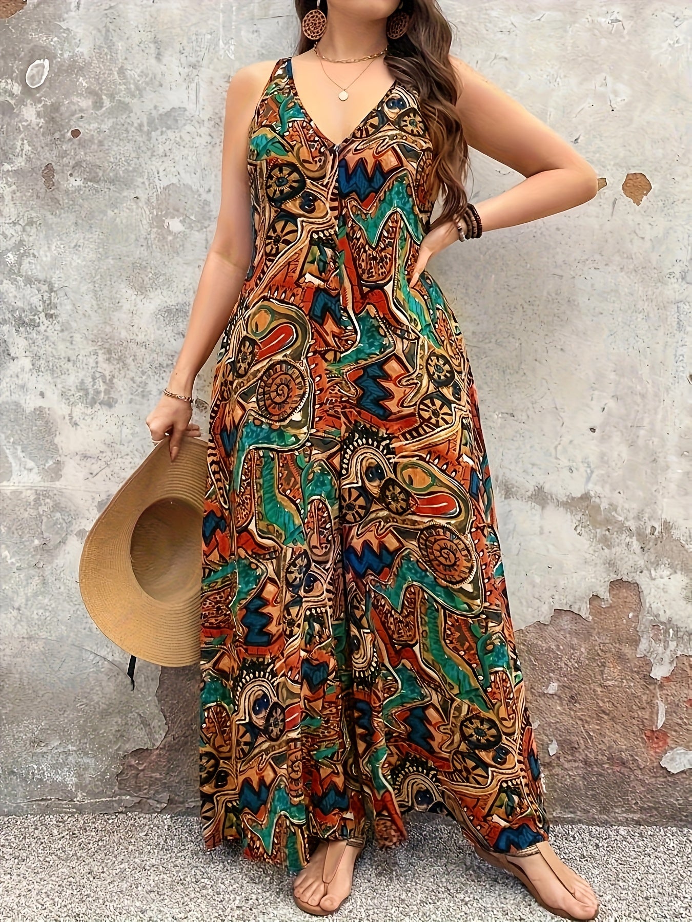 Plus Size Women's Linen V-Neck Sleeveless Jumpsuit with Floral Print