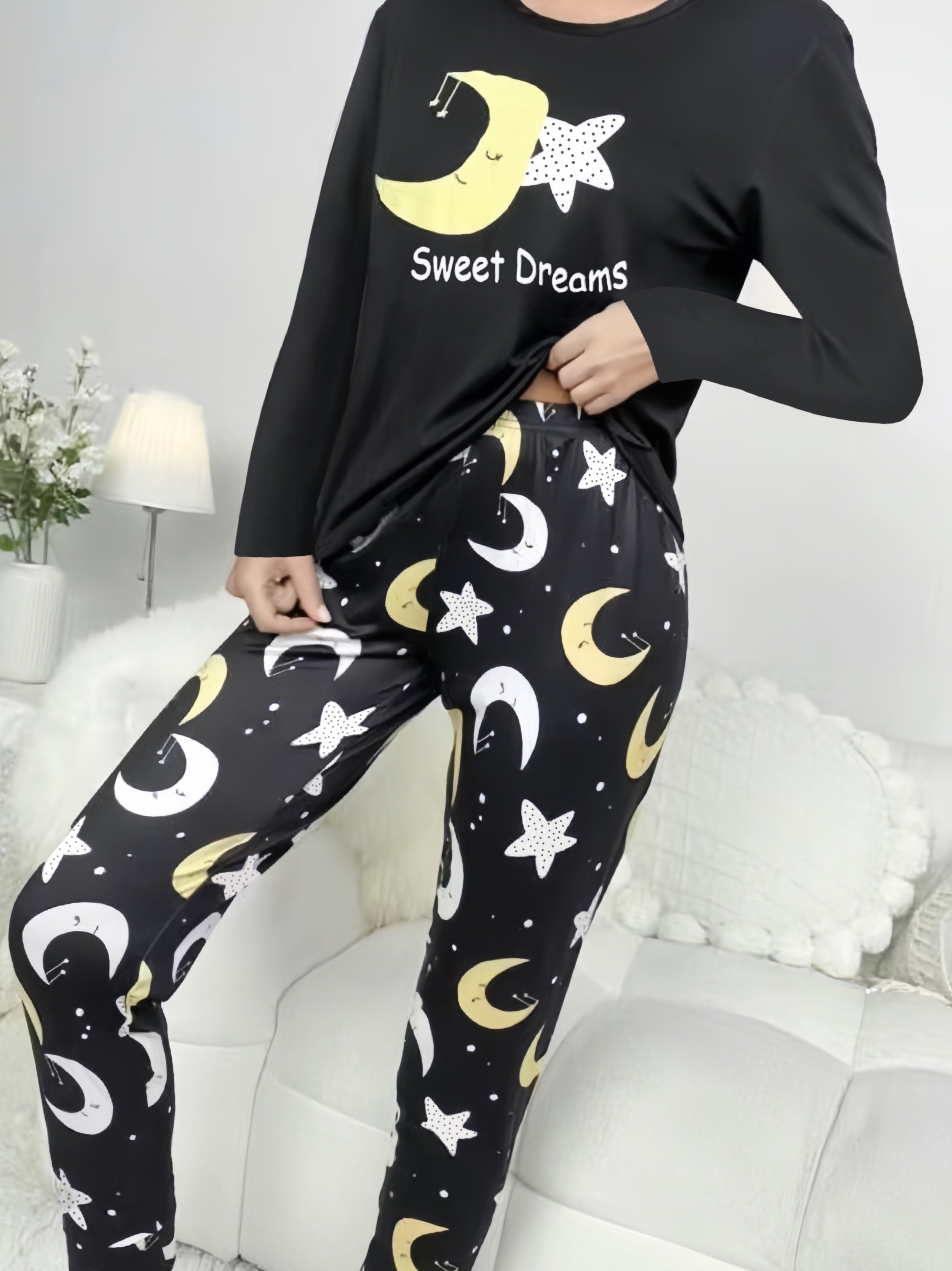 Women's Galaxy Loungewear Set with Moon and Star Print Long Sleeve Crew Neck and Elastic Waist Pants