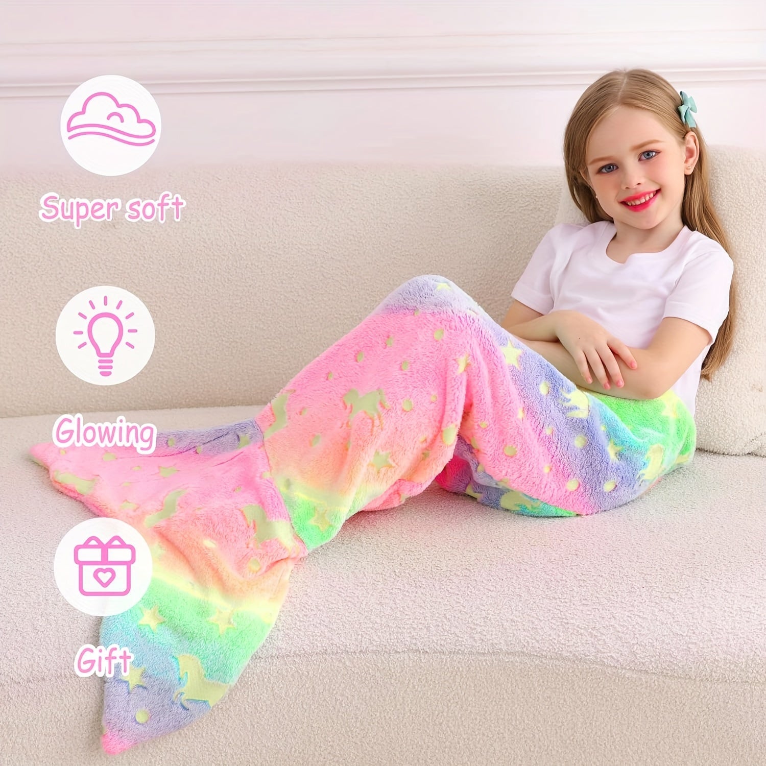 Kids Girls Rainbow Unicorn Mermaid Tail Blanket Flannel Glow-in-the-Dark Cozy