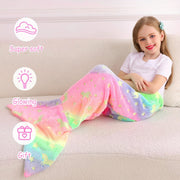 Kids Girls Rainbow Unicorn Mermaid Tail Blanket Flannel Glow-in-the-Dark Cozy