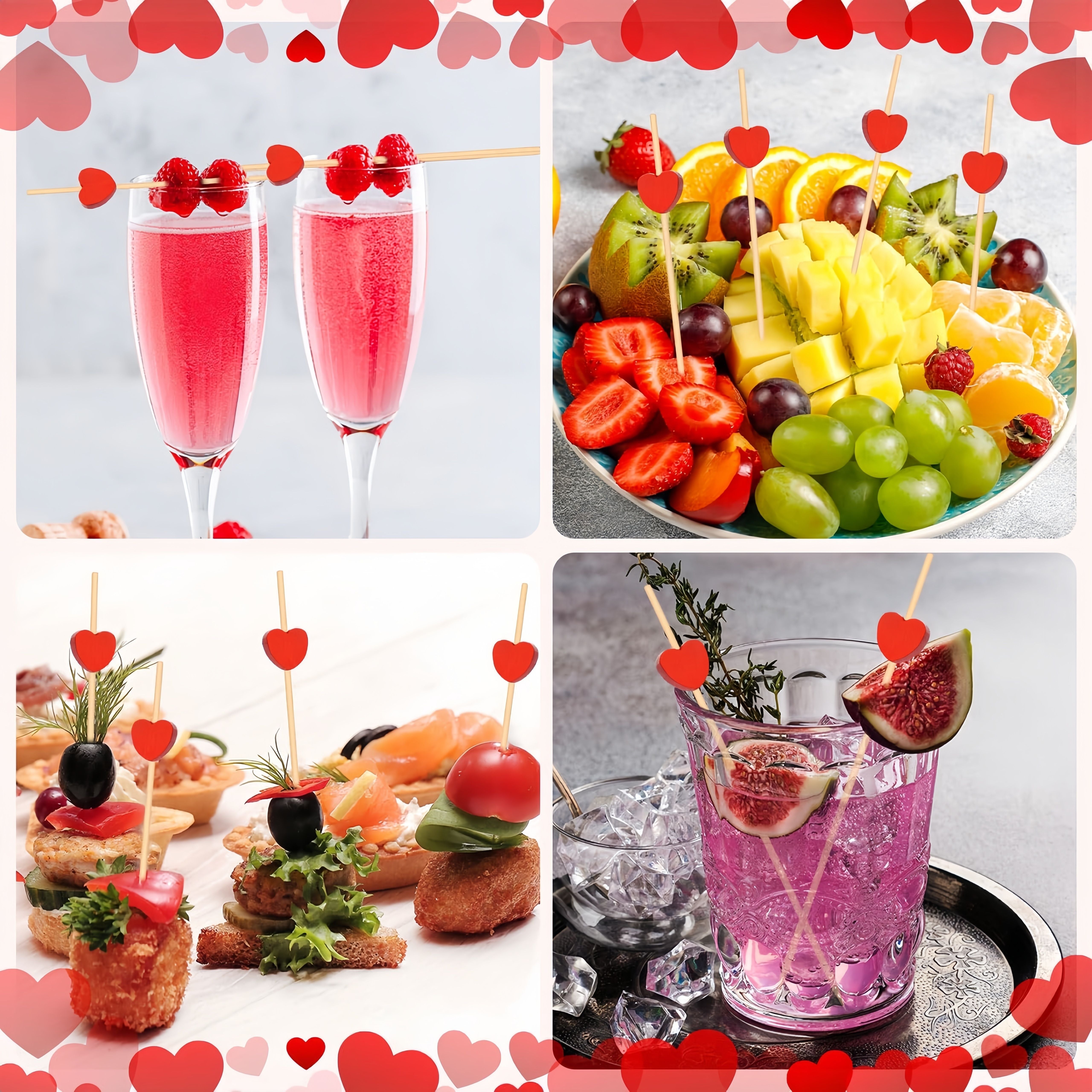 100 Pcs Red Heart Cocktail Picks Bamboo Skewers for Weddings and Parties