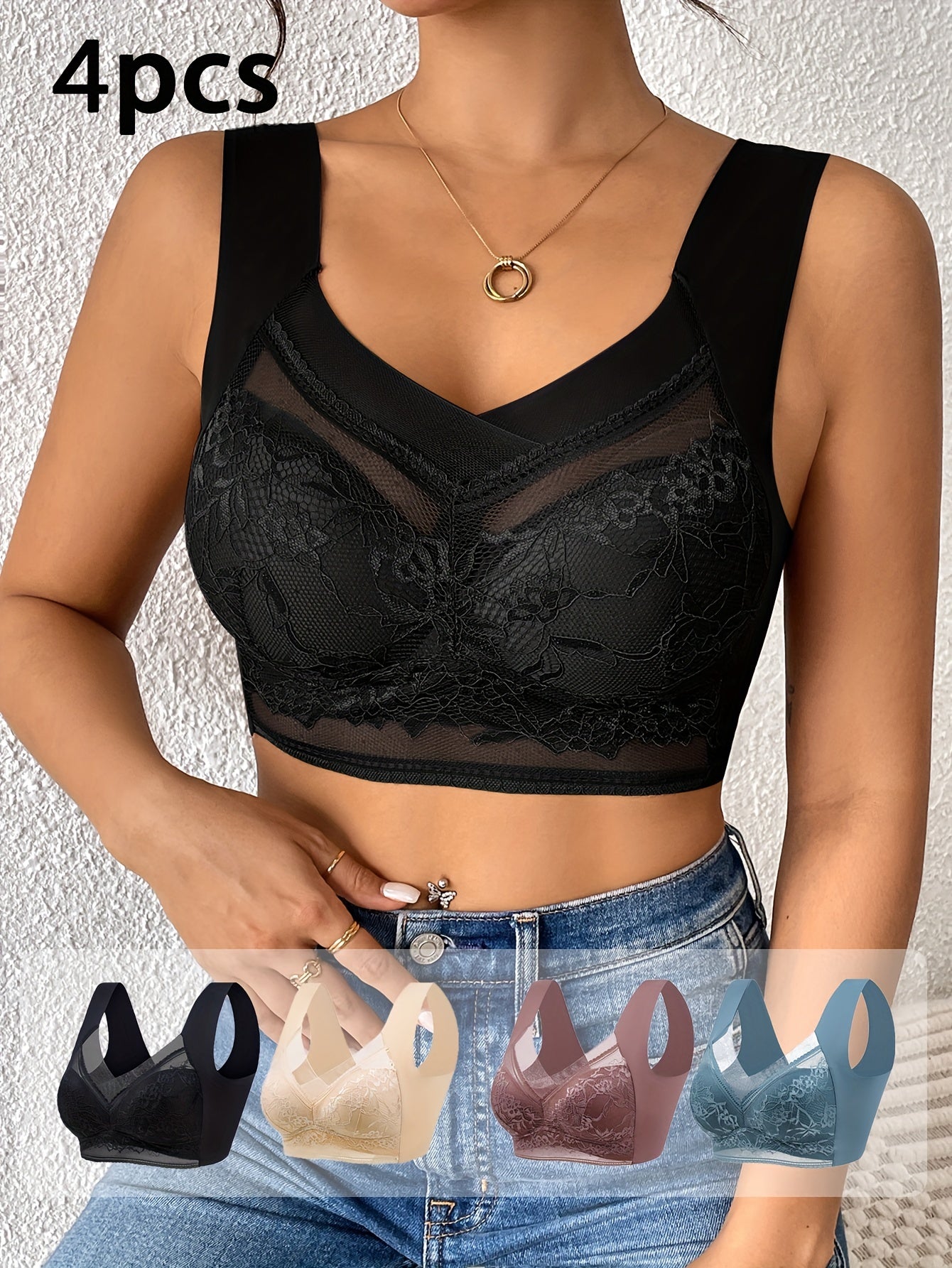 Women's Lace Contrast Underwear and Bra Set No Steel Ring Daily Lingerie