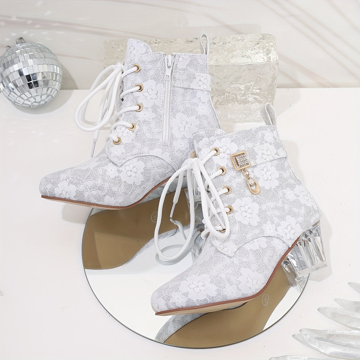 Women's Floral Lace-Up Chunky Mid-Heel Ankle Boots with Pointed Toe