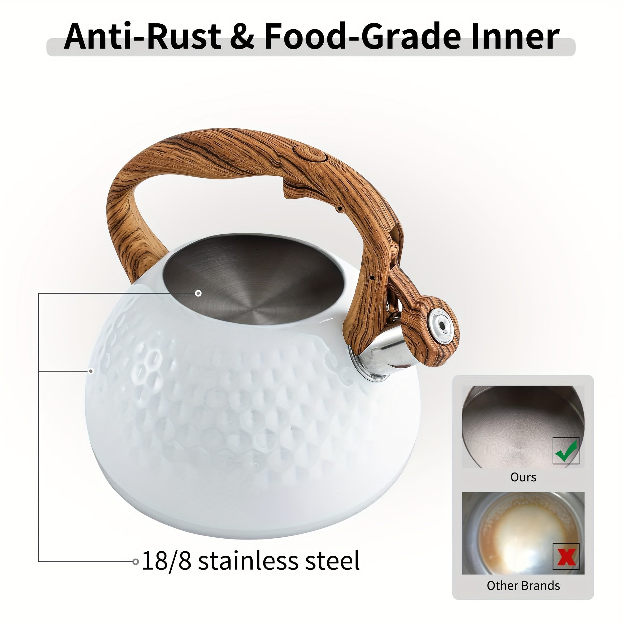 3 litrli Katta Hajmli Qaynoq Choy Qozoni - Mustahkam Paslanmaydigan Po'lat, Vaqtida Qaynoq Qaytish Funktsiyasi bilan, Yog'och naqshli Tutqichli Choynak va Qahva, Sut va Boshqalar uchun Baland Qaynoq.