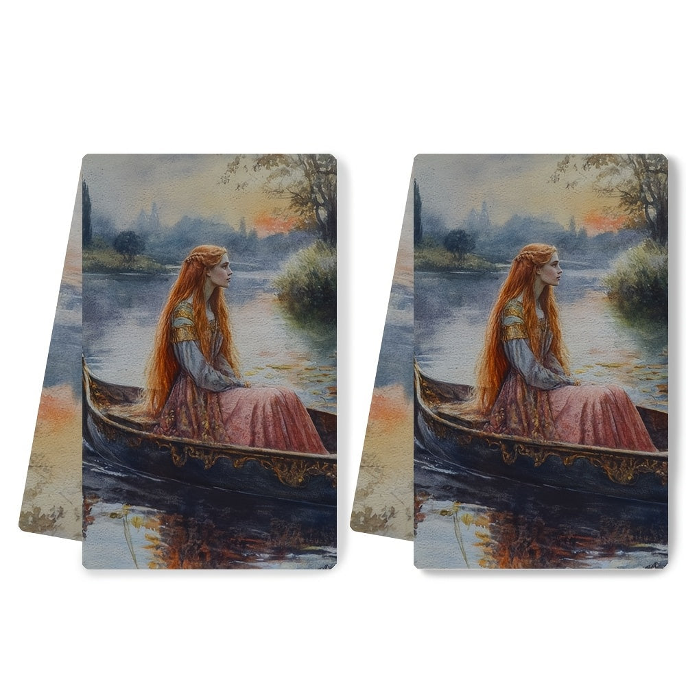 Two Pieces Ultra-Soft Kitchen Towels Water Scene Art 40x60cm Absorbent