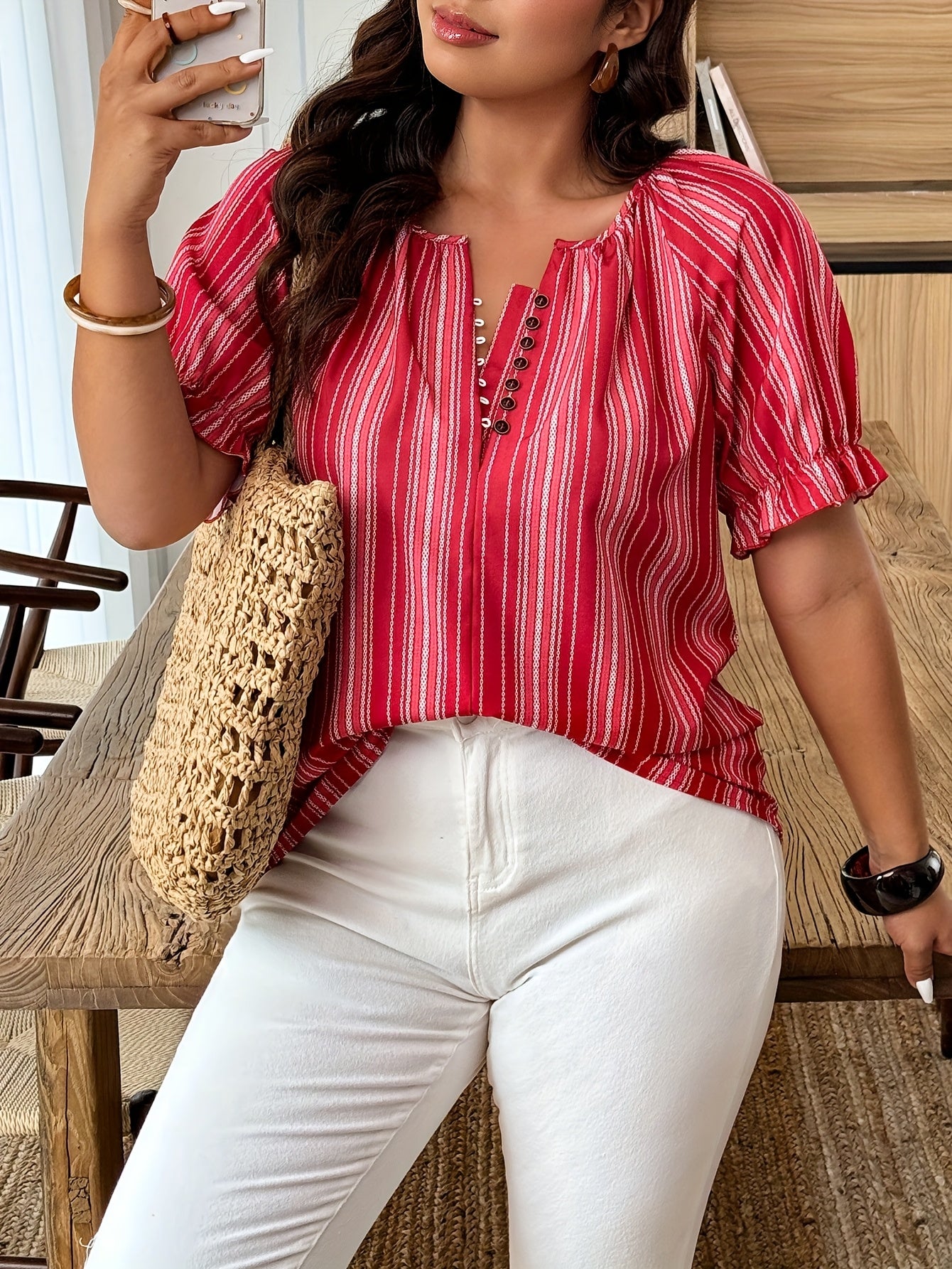 Women's Plus Size Red White Striped Short Sleeve Blouse V-Neck