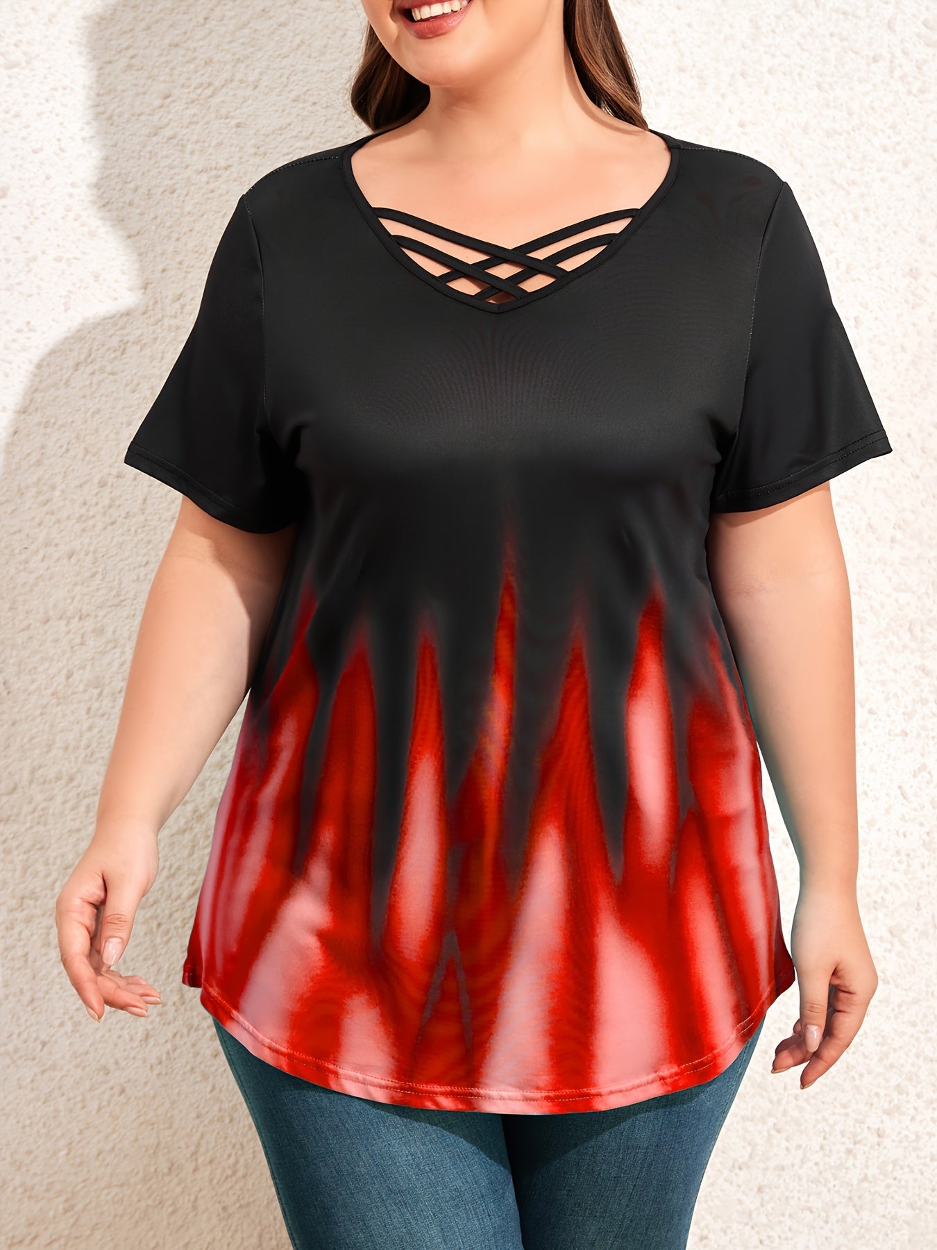 Women's Plus Size Aurora Print V-Neck T-Shirt Short Sleeve Summer Pullover