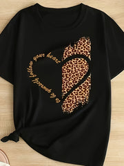 Plus Size Leopard Heart Print T-Shirt for Women Casual Spring Summer Polyester