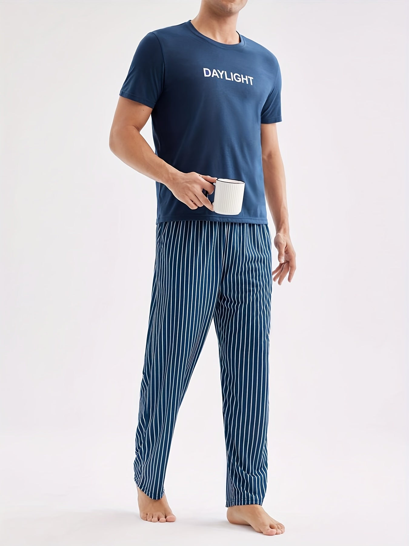Men's Casual Short Sleeve Pajama Set with Striped Pants Made of Polyester Knit Fabric