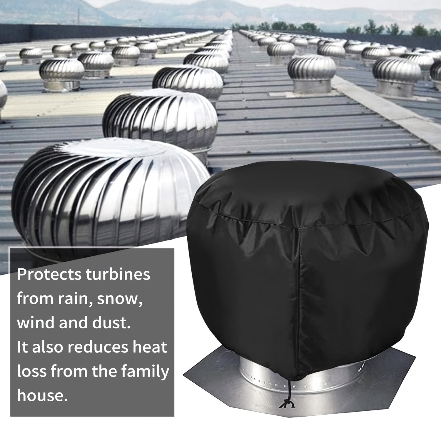 Set of 2 Black Roof Turbine Vent Covers with Drawstring for Wind Protection