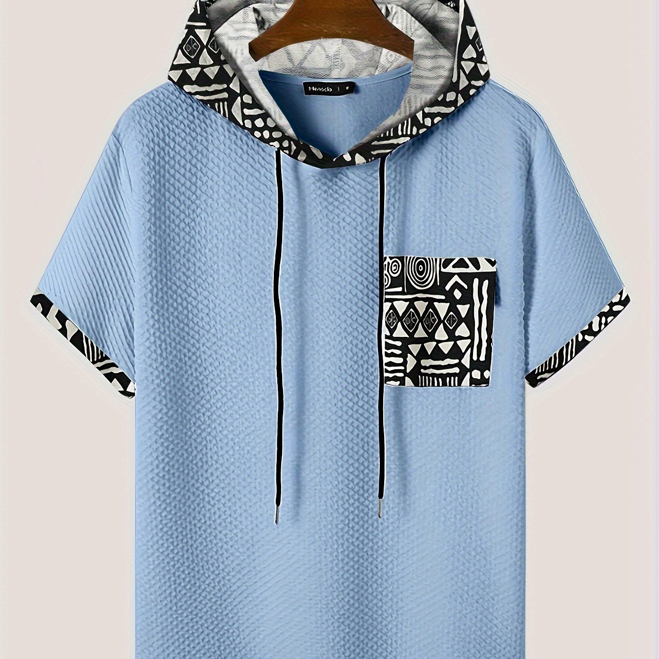 Men's Plus Size Casual Hooded T-Shirt with Geometric Print Lightweight Polyester Gray