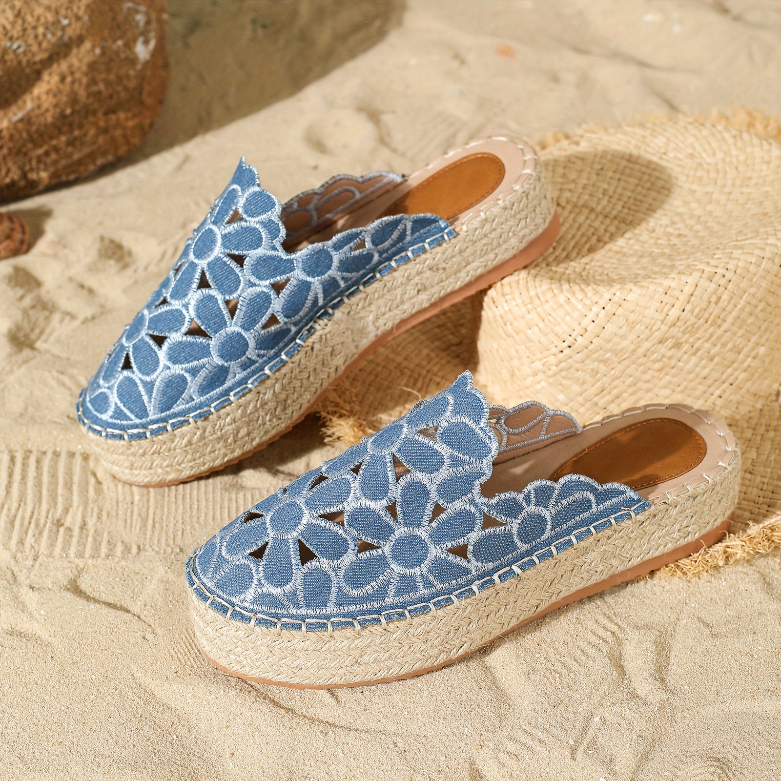 Women's Floral Embroidered Espadrille Sandals Summer Beach Shoes Slip-On