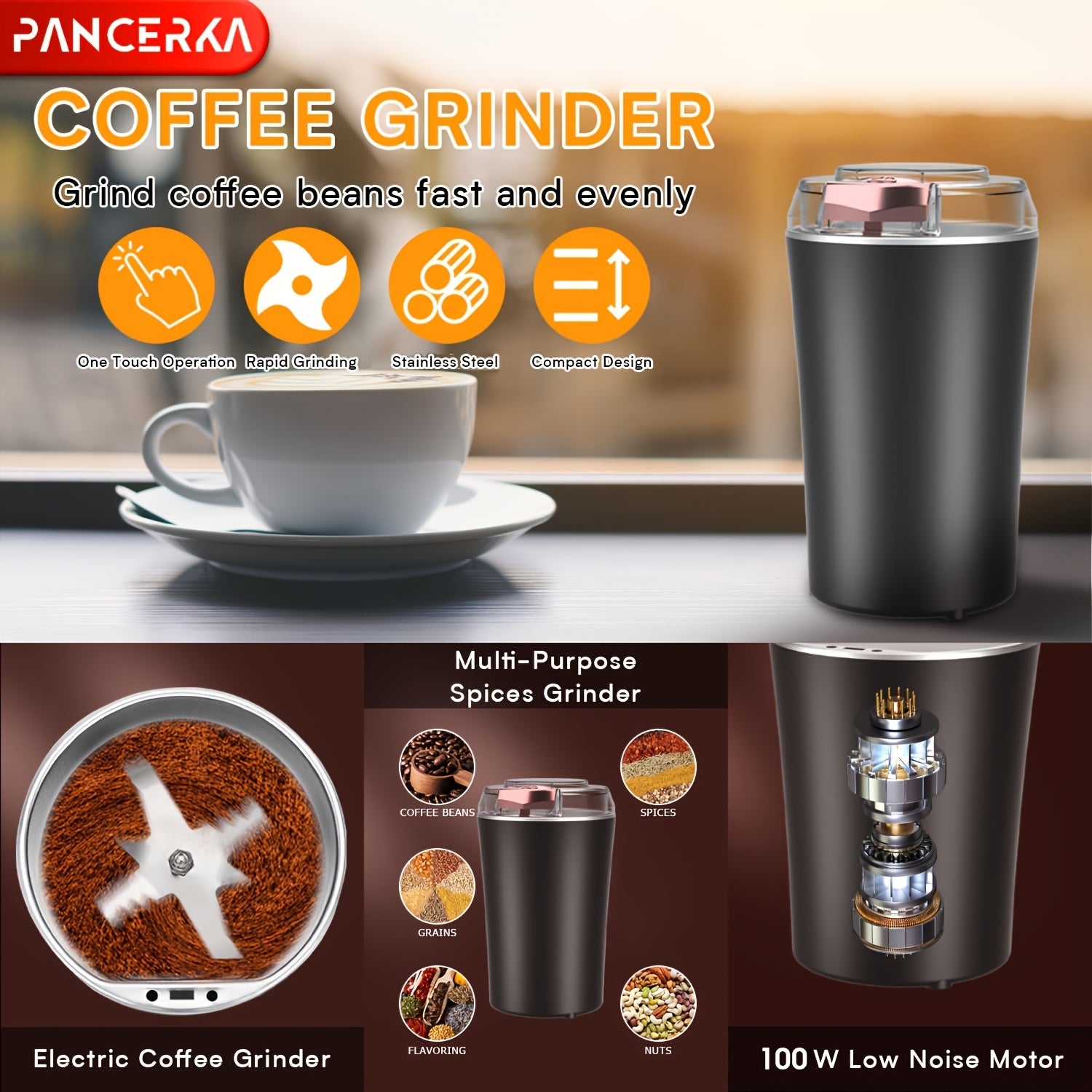 Electric Coffee Grinder Stainless Steel Blades Large Capacity Compact Black
