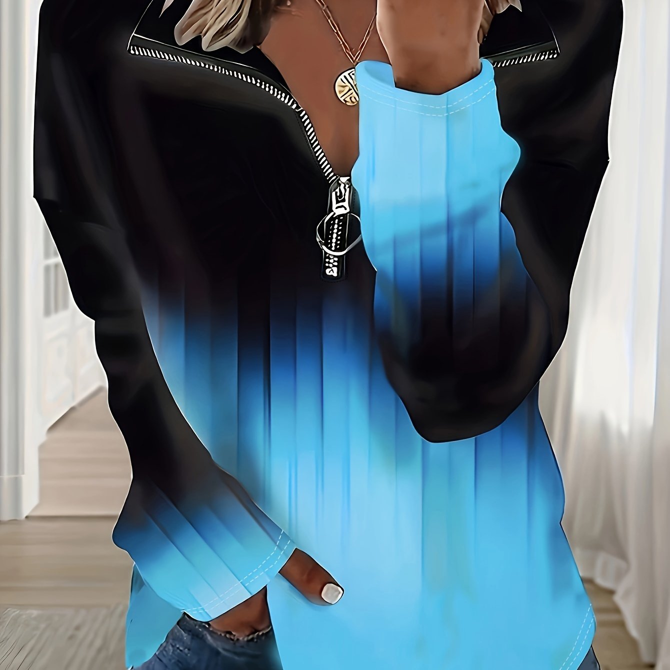 Plus o'lcham Ombre chop etilgan yarim zip sviter, ayollar uchun uzun qo'l, kuz qish kundalik