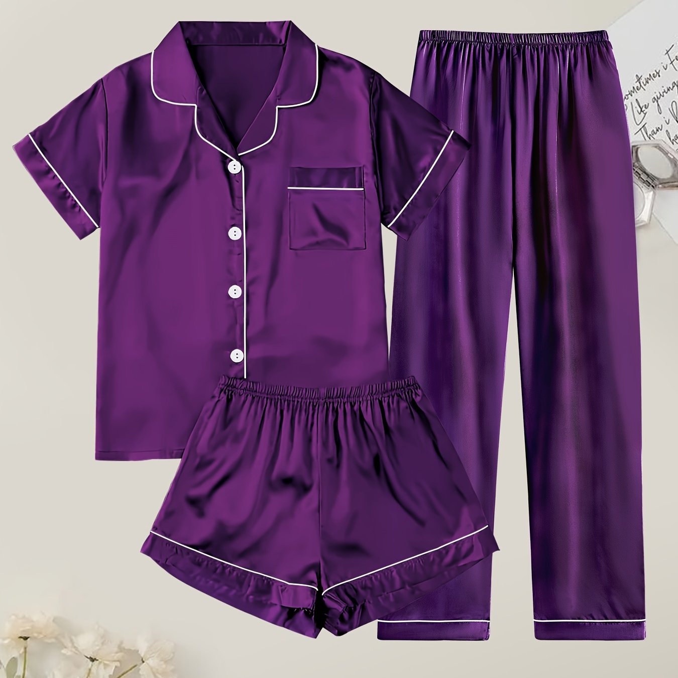 Women's Satin Pajama Set Short Sleeve Button Top Shorts or Pants Casual Sleepwear