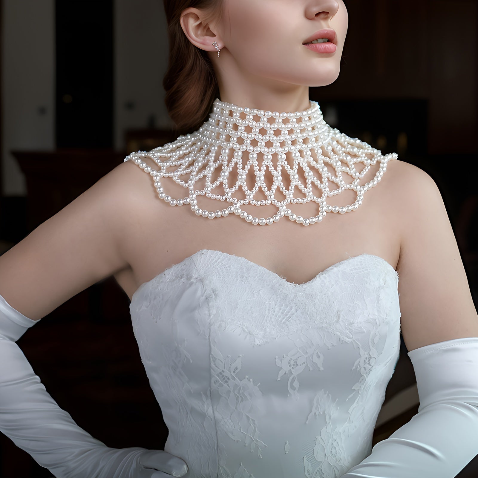 Women's Handmade Imitation Pearl Necklace with Beaded Details and Extension Chain for Wedding and Formal Wear