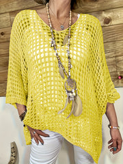 Women V-Neck Three-Quarter Sleeve Solid Color Casual Plus Size Top