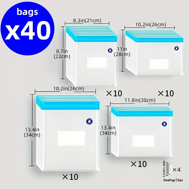 40 Pieces Reusable Vacuum Sealer Bags with Blue Zippers for Food Storage Airtight PE+PA