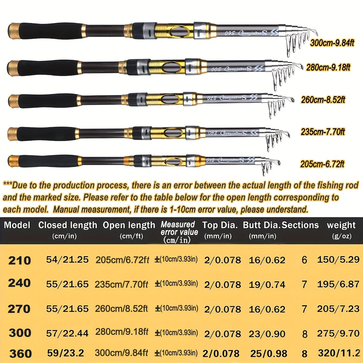Telescopic Spinning Fishing Rod 207.87cm-294.74cm Carbon Fiber Medium Action Saltwater Freshwater