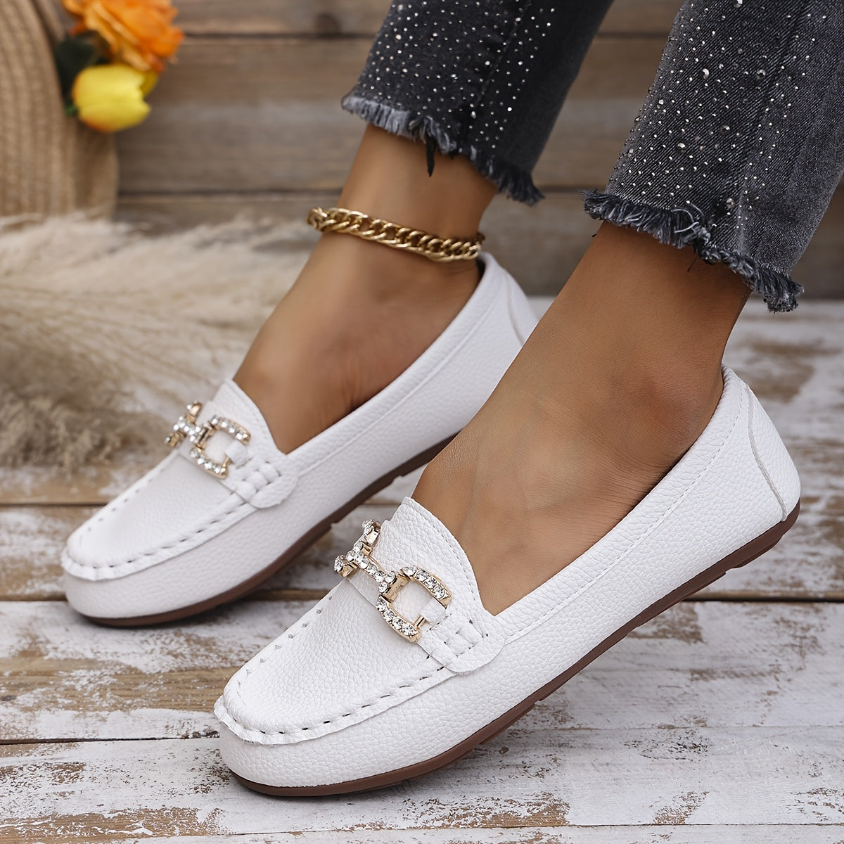 ayollar uchun slip-on tufli, faux cover yuqori qismi, kauchuk taglik, kundalik poyafzal