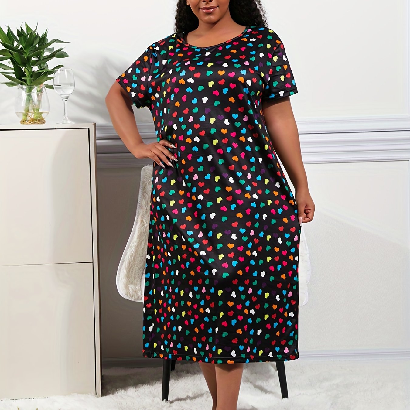 Plus Size Women's Loungewear Dress Colorful Heart Print Nightdress