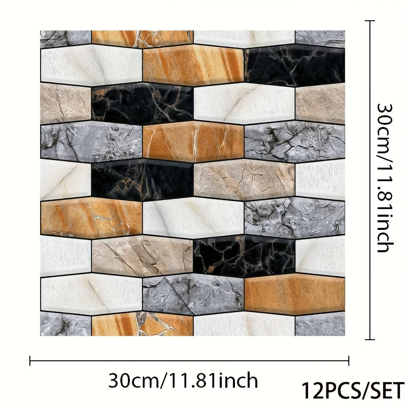 12 o'z-o'zini yopishtiradigan 3D devor paneli plitkalar, yashash xonasi va hammom uchun bezak, yaltiroq, suv o'tkazmaydigan