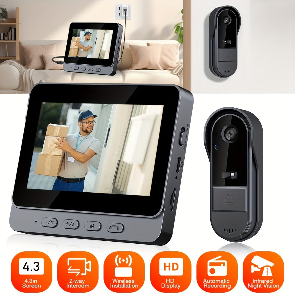 HD Video Doorbell Camera with IPS Screen Night Vision Two-Way Intercom RFID Rechargeable Battery