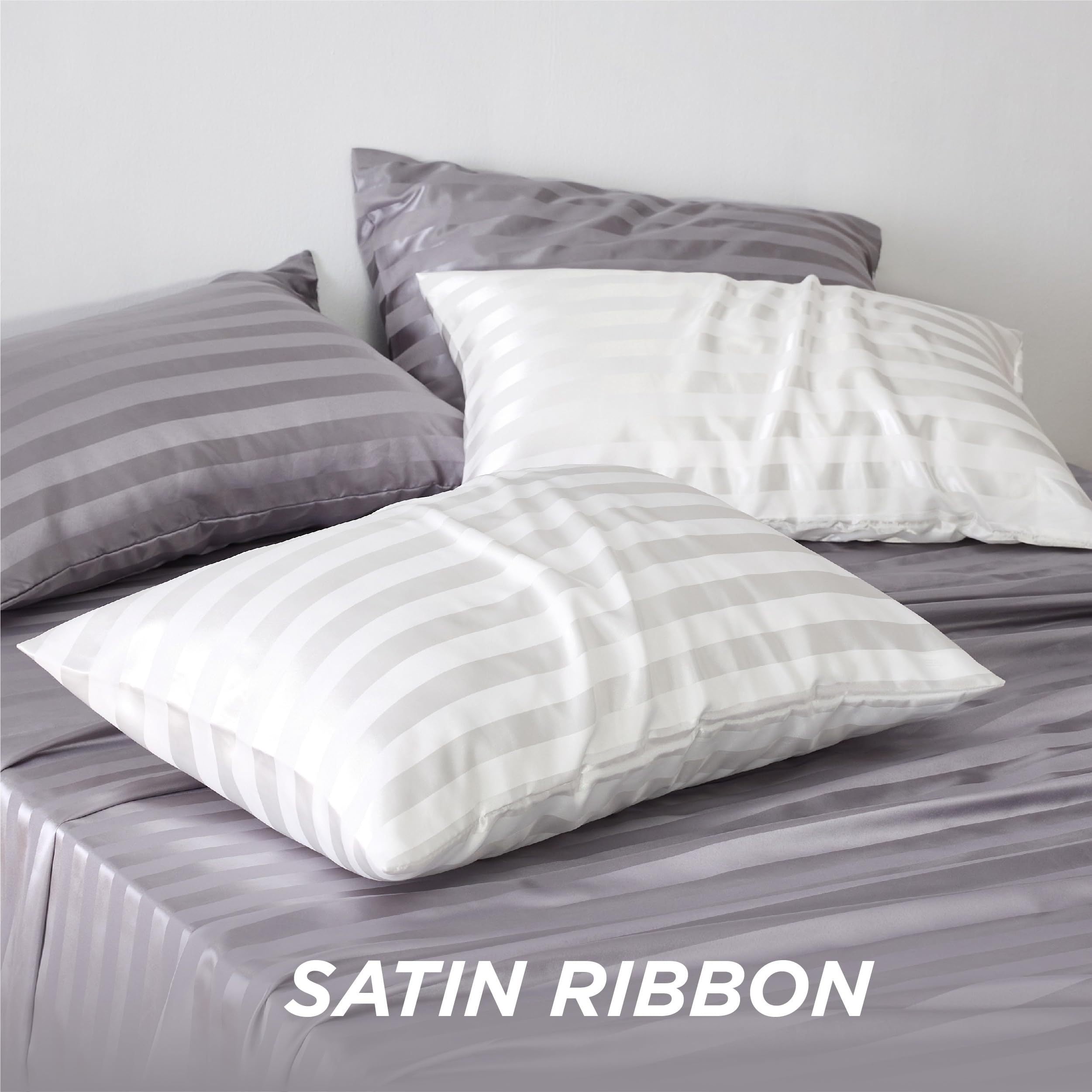 Set of 2 Queen Size Satin Pillowcases for Hair and Skin, Striped Silky Covers