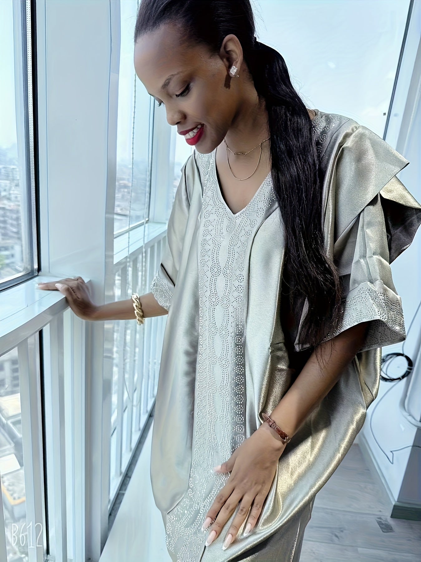 Women's Plus Size V-Neck Kaftan Dress with Rhinestone Embellishments Beige