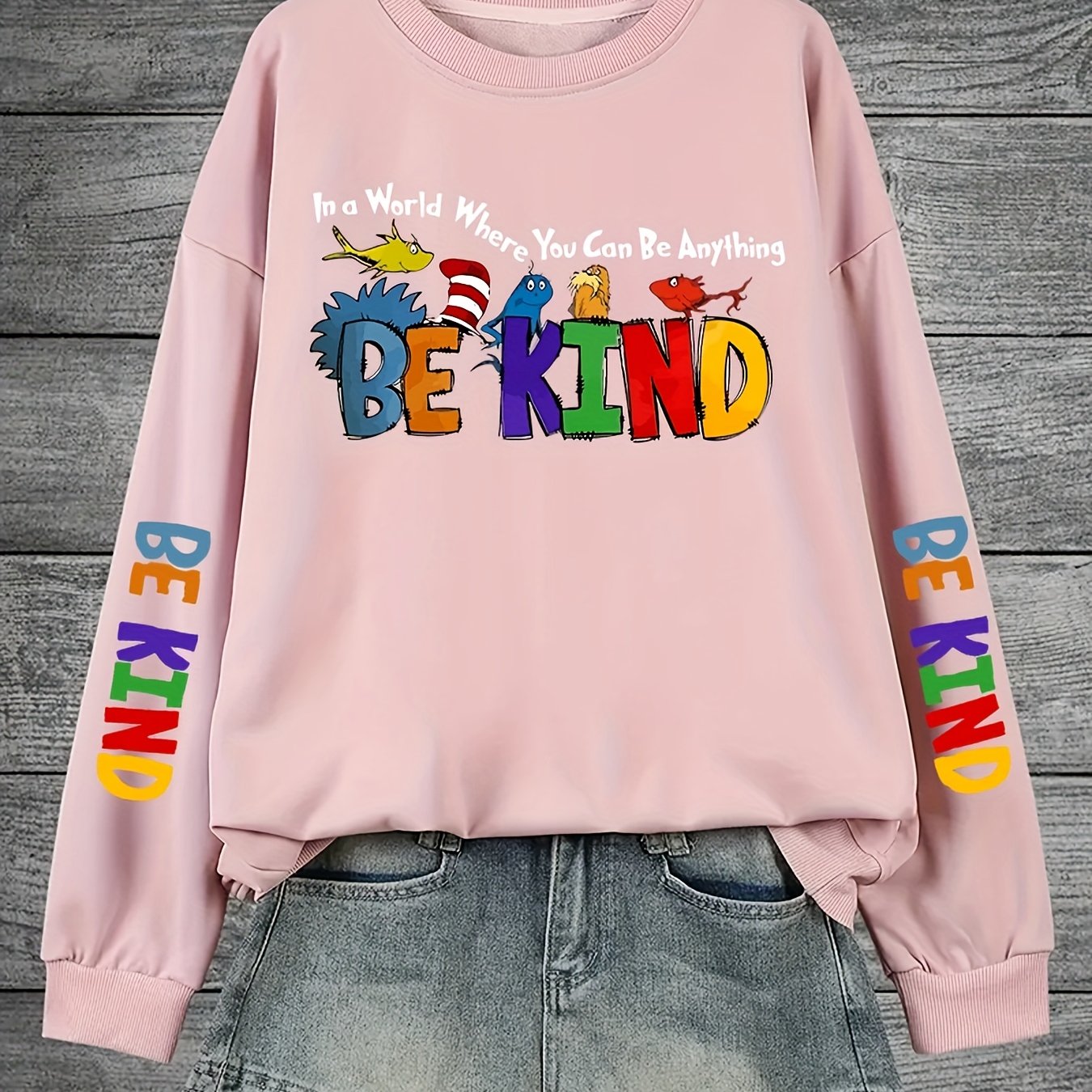 Plus Size Animal Alphabet Print Sweatshirt Casual Crew Neck Pullover Polyester Knit Fall Winter Cozy Top