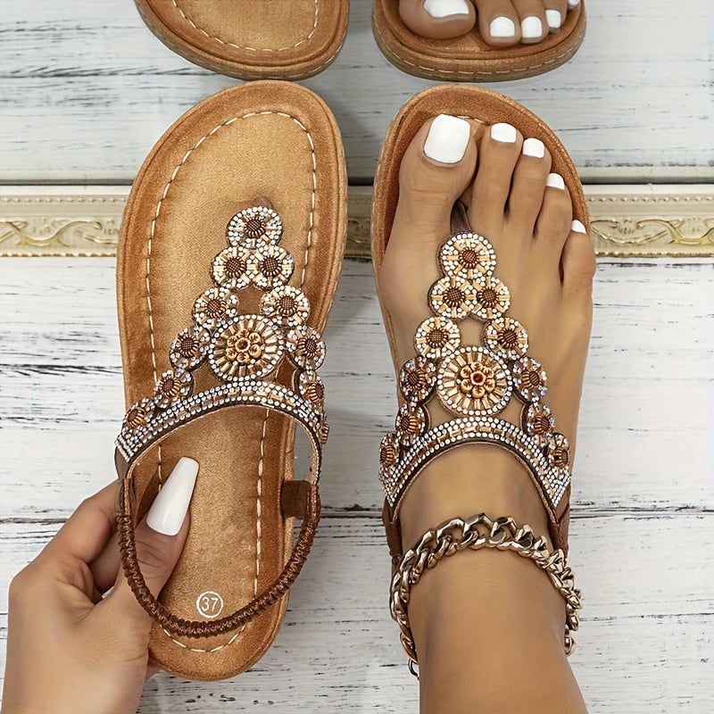 Ladies Flat Sandals With Floral Embellishments and Open Toe