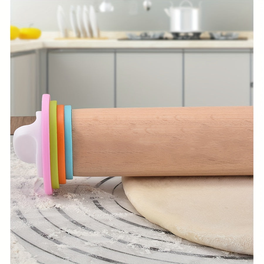 Wooden Rolling Pin Set with Adjustable Rings for Baking and Holiday Cookies