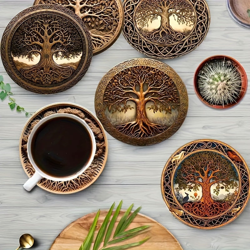 8pcs Wooden Coasters Tree of Life Artistic Design for Drinks Coffee Tea Home Restaurant