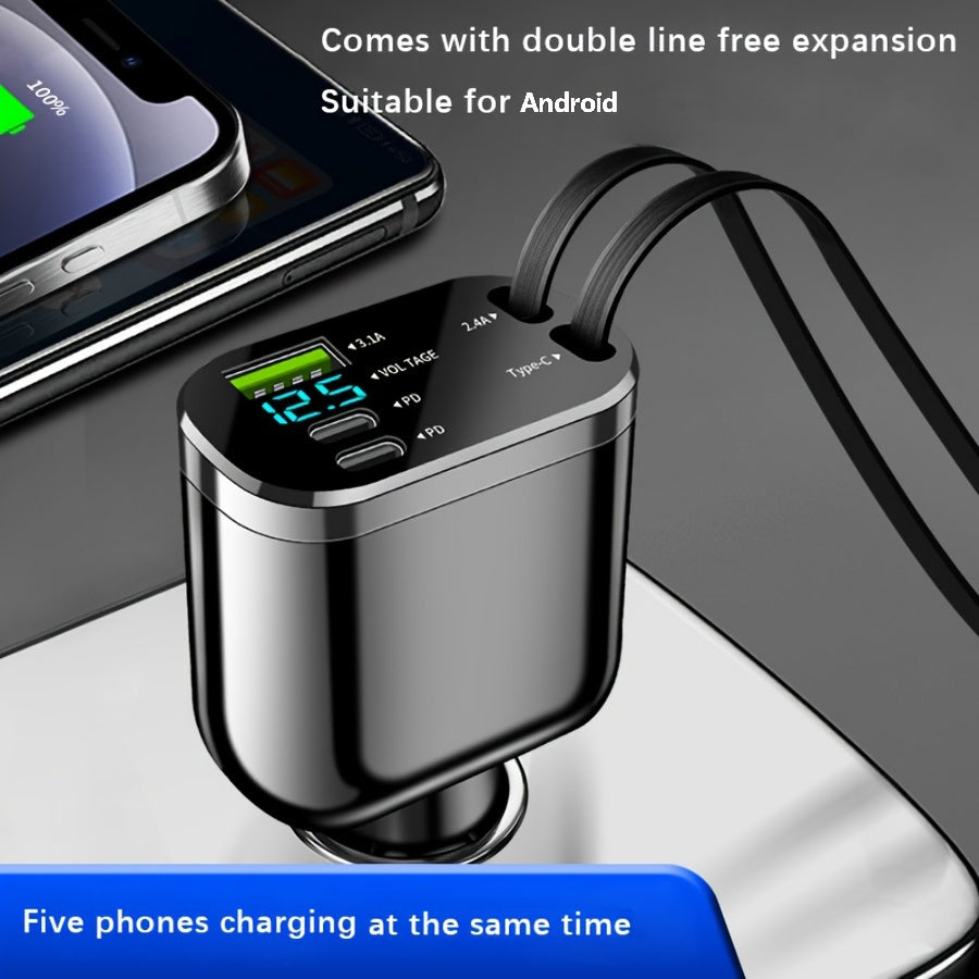 4-in-1 Fast Charging Car Charger with Retractable Cable Dual PD Ports
