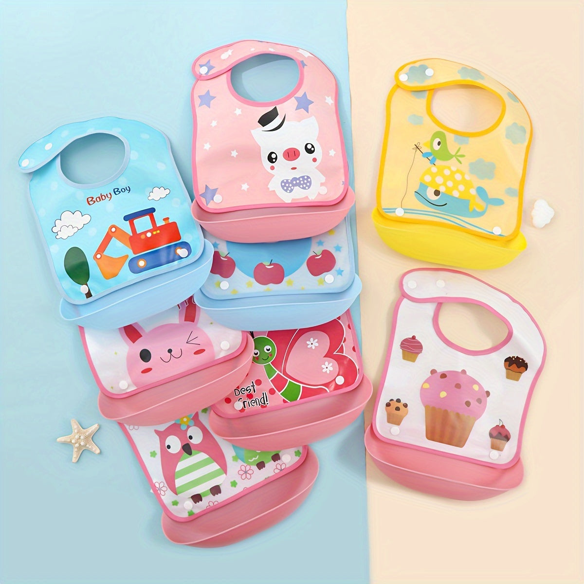 Kids Waterproof Cartoon Bib for Ages 0+ and 3+ in Mixed Colors with Easy Clean Detachable Design