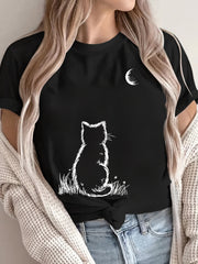 Women's Plus Size Loose Fit T Shirt Pink Geometric Cat Moon Print Casual Top
