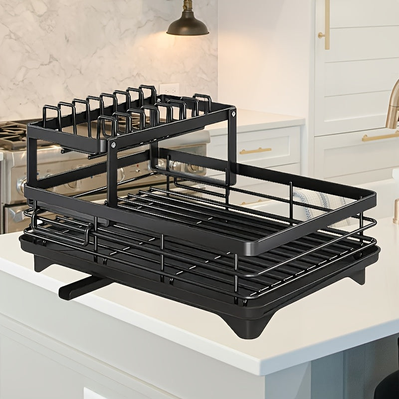 Double Layer Dish Rack with Drainboard and Utensil Holder for Kitchen Countertop Storage