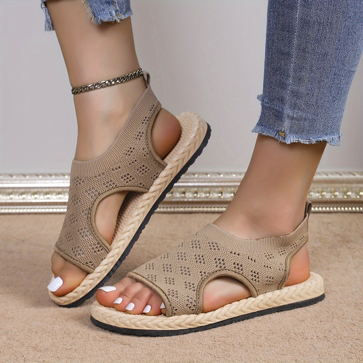 Women's Knit Slip-On Sandals Soft Sole Non-Slip Beach Shoes