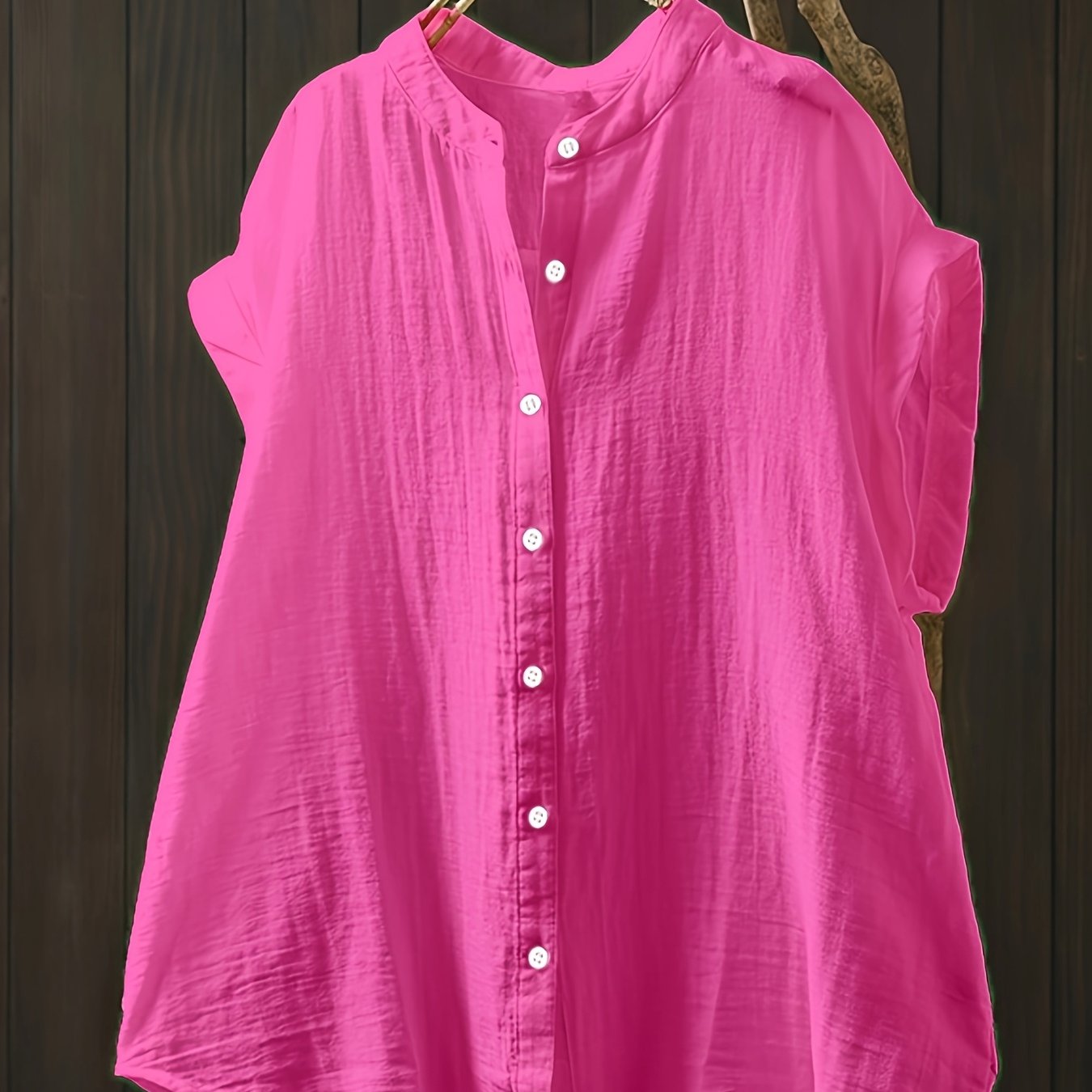 Camisa casual de mujer de talla grande de poliéster a rayas rosas de manga corta con botones