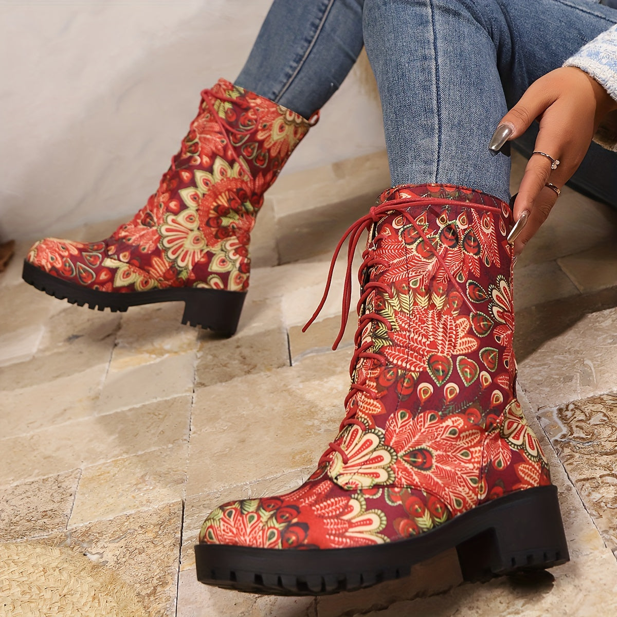 Women's Plus Size Floral Print Riding Boots Black Pink Red All-Season