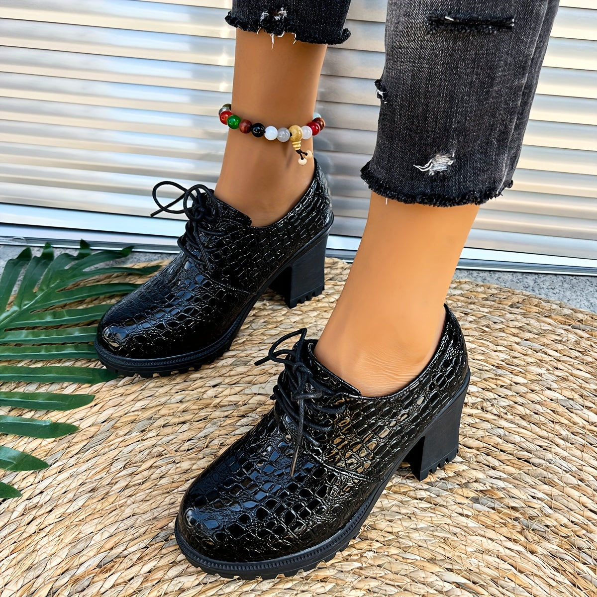 Women's Burgundy Crocodile-Textured PU Oxford Shoes Chunky Heels