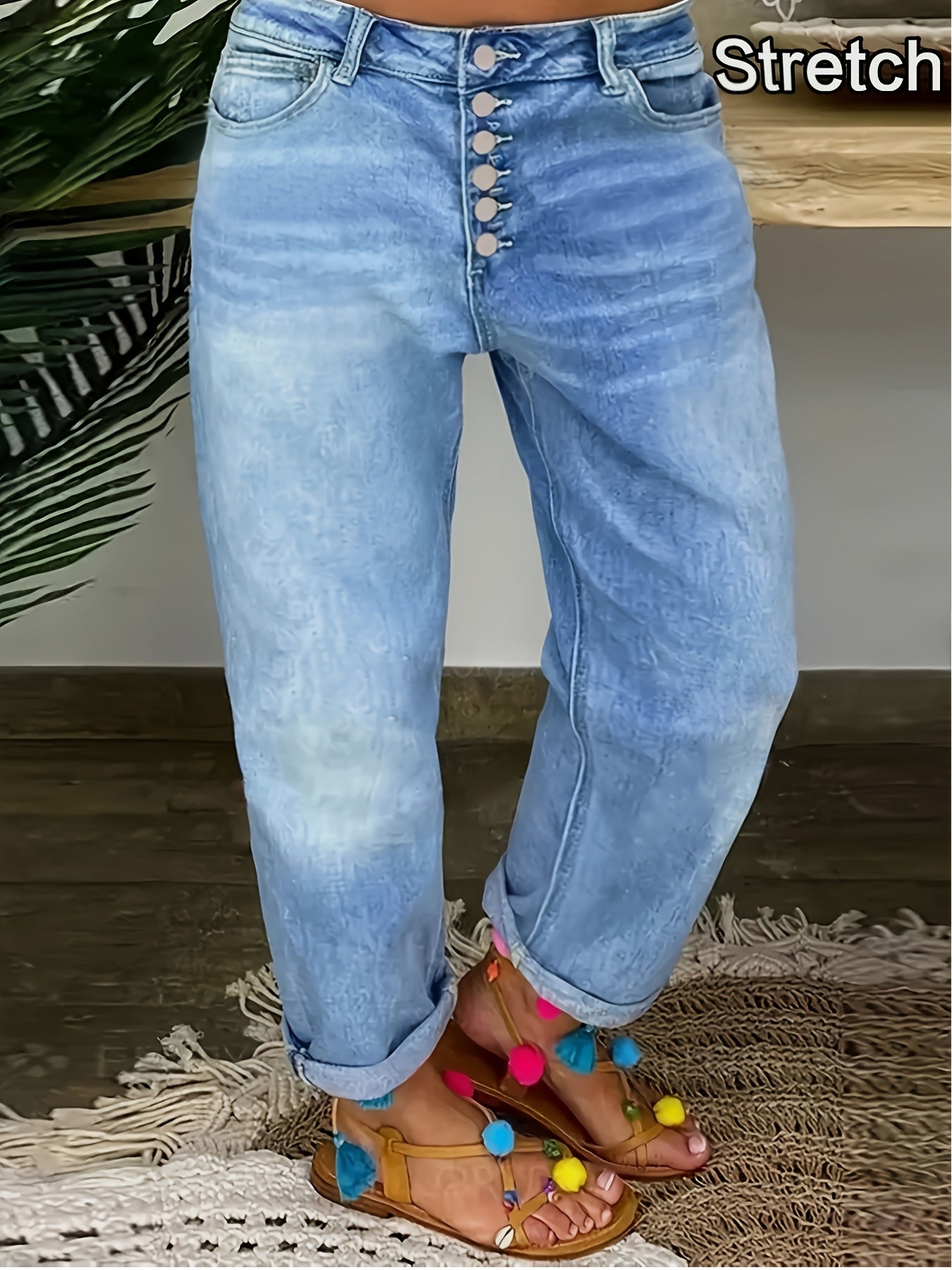 Plus o'lcham ayollar uchun kengaytirilgan denim to'g'ri chiziqli jinsi ko'k rangli kundalik shimlar