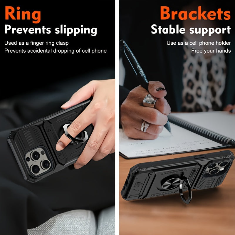 Heavy Duty Phone Case with Metal Stand and Card Slot for iPhone 16 Pro Max 15 Pro Max 14 Pro Max